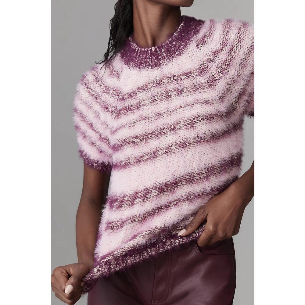 Pilcro Baby Sweater Short Sleeve Pink Striped Fuzzy Cozy M - Picture 3 of 12